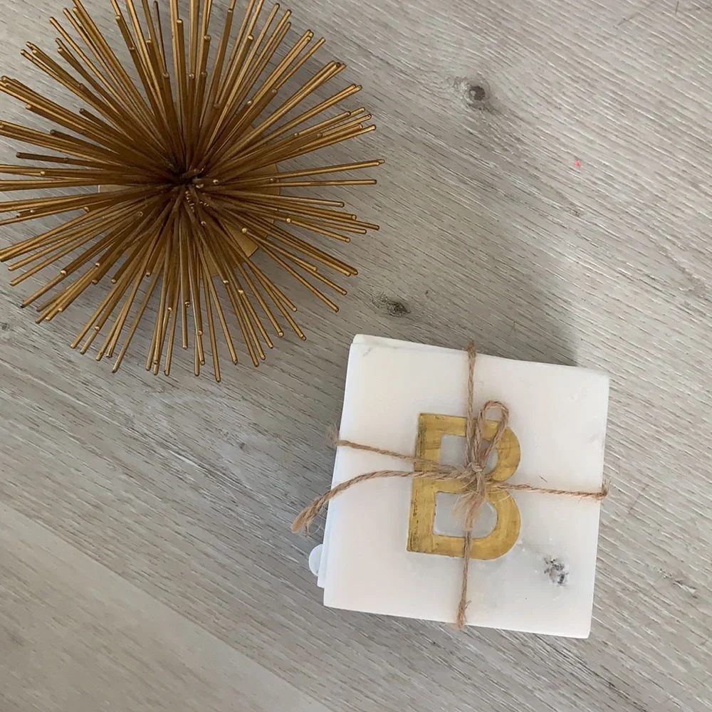 “B” West Elm Set 4 Marble Coasters gold monogram